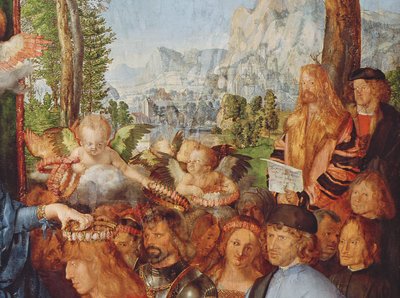 「ロザリオの饗宴」の詳細。1506年に、木の前に立って巻物を手に持った毛皮のコートにひげと長いブロンドの髪を持つデューラーの自画像を示しています。 作： Albrecht Dürer
